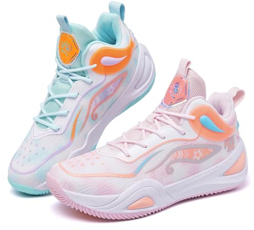 KIUSMETY Zapatillas de baloncesto para hombre y mujer, de alta calidad, transpirables, con cordones, antideslizantes, para deportes al aire libre, unisex, verde rosa blanco, 8.5 Women/7.5 Men