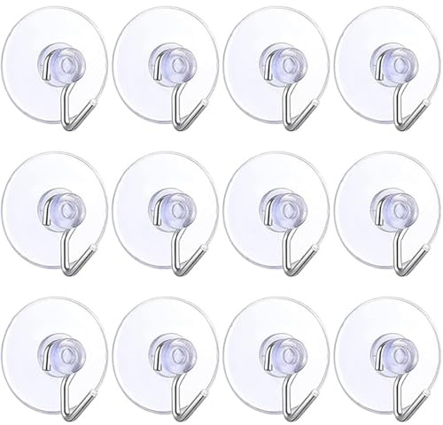 WANGENPING 12 ventose con ganci, 20 mm, ganci a ventosa trasparenti, piccole ventose in plastica con gancio rotondo, per finestre, bagno e cucina, ideali per ganci, ventose