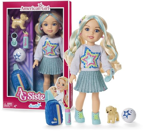 American Girl, AG Sisters Jozette Puppe mit blauen Augen, langes gewelltes Blondes Haar mit blauen Strähnen, 36,8 cm, ab 4 Jahren
