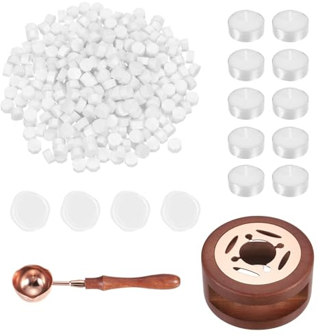 PATIKIL Wax Seal Kit, 300 Pcs Wax Sealing Beads, Wooden Warmer, Melted Spoon, 10 Pcs Tealight Candles for Envelope Letter Mailing Crafts DIY, White
