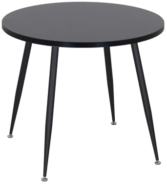 MOG CASA Mesa Redonda de Comedor Negra Ø90x75 cm – Tablero de Madera con Acabado Chapado Negro, Resistente al Calor y Arañazos, Patas Metálicas Negras con Pies Regulables, Moderna