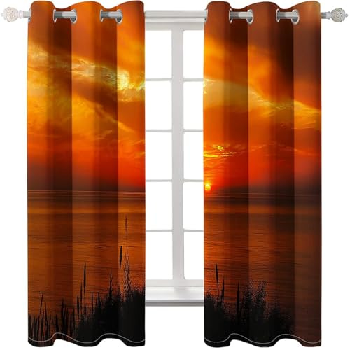 Homxi 2er Pack Blickdichter Vorhang Thermo,2 x 96W x 138H cm,Vorhänge Küche mit Ösen Seelandschaft und Sonnenuntergang Gardinen für Küchen Modern Braun Orange