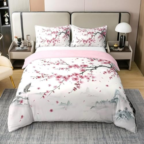 Housse de Couette 160x200 Style Japonais Parure de Lit 2 Personnes 3D Fleurs de Cerisier Roses Ensemble de Literie en Microfibre avec Fermeture Éclair et 2 Taies d'oreiller 65x65 cm A-1235