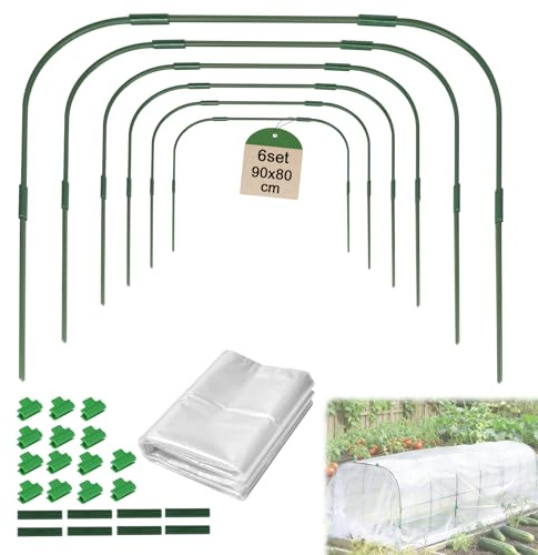EXLECO 6 Set Folientunnel Pflanzenschutz 80 * 90cm mit Gewächshaus Folie | Gewächshaus Metall Pflanztunnel Bögen für Hochbeet mit Halteclips, Abdeckung Frühbeet Tunnel für Garten
