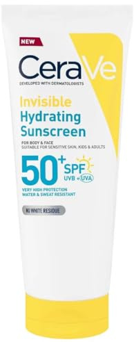CeraVe Invisible Hydrating Sunscreen SPF 50+, Broad Spectrum UVB UVA Protection, With 3 Essential Ceramides, MVE Technology, Body and Face, For Sensitive Skin, Kids & Adults, Water Resistant, 75ml