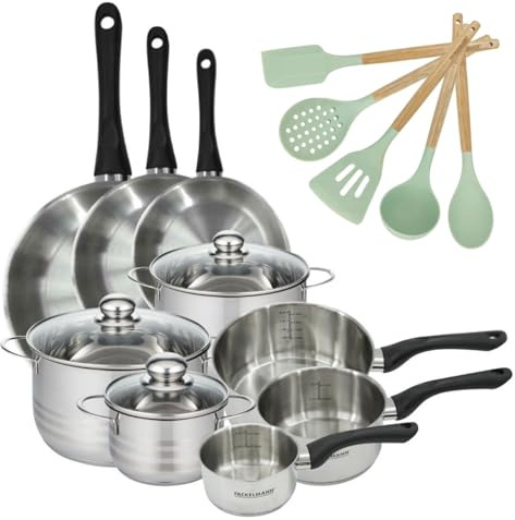 Fackelmann Batterie cuisine 9 pieces 12-28 cm + 5 ustensiles | 3 faitouts 3 casseroles 3 poêles 5 ustensiles, Inox, 12 à 28 cm, Induction vitrocéramique gaz, Sans PFAS