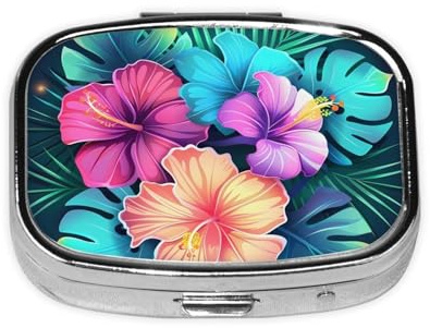 Mini pilulier carré avec fleurs hawaïennes et feuilles de palmier - En métal compact - Avec 2 compartiments pour les voyages
