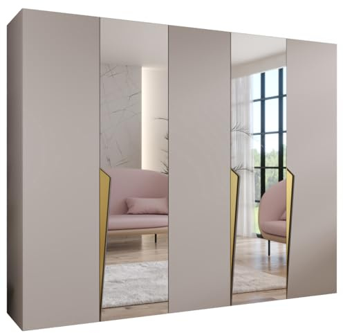 MEBLE KRYSPOL - Kleiderschrank - Garderobenschrank - 250 cm x 202 x 52 cm - Schrank mit Kleiderstange und Spiegel, 5 Türen - für Schlafzimmer, Flur - Piano, Kaschmir, Griff Gold