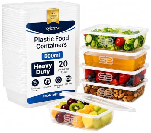 ZyKravo 20 pack Heavy Duty Plastic Food Containers with Lids 500ml | Airtight Leakproof Stackable Meal Prep Containers | Microwave Freezer & Dishwasher Safe Takeaway Boxes for Batch Cooking