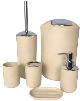 G.mütlich Badezimmer Set 6-teilig, Badaccessoires Komplettset Kunststoff, WC Garnitur mit Klobürste, Mülleimer, Zahnputzbecher, Seifenspender & Schale, Bad Zubehör Deko (Buttermilk Beige)