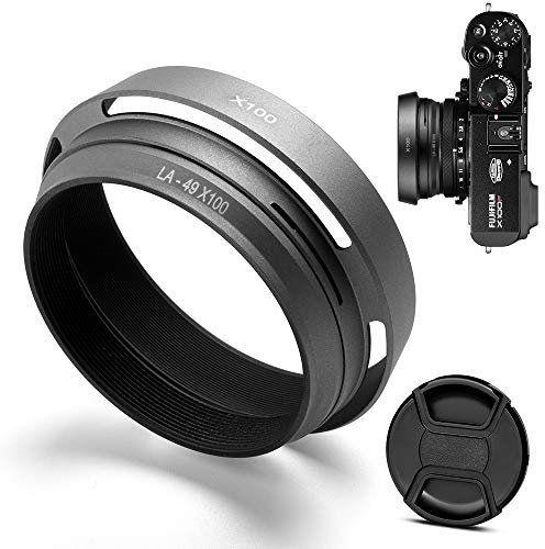 Fotover Metall Gegenlichtblende Sonnenblende Streulichtblende und Objektiv Adapter Ring mit Zentrum Pinch Objektivdeckel für Fujifilm Finepix X100F X100S X100T X70,Weltraum Grau