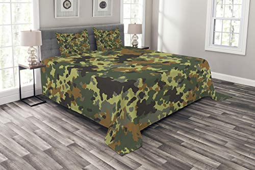 ABAKUHAUS Camo Tagesdecke Set, Klassisches Deutschland Pattern, Set mit Kissenbezügen Waschbar, für Doppelbetten 264 x 220 cm, Dunkelgrün Grün