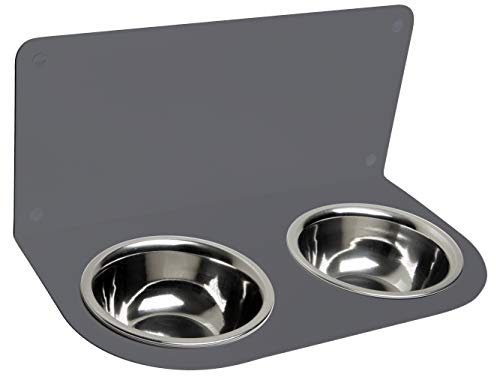 schmeck.bar Futterstation Futterbar erhöhter Futterspender kleine mittlere große schreckhafte Hunde mit Näpfen stabil hochwertig Wand (GRAU MATT, B: 480 x 212 x 262 mm - Napf 2X M)