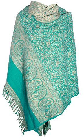 TIBET Paisley-Schal mit Blumenmuster, handgefertigt, reine Yakwolle, Unisex, doppelseitig, übergroß, tolles Geschenk, meergrün, Einheitsgröße