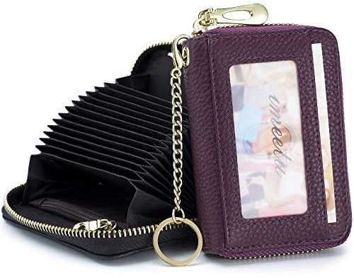 imeetu Card Holder for Women RFID Card Holder Wallet Slim Leather Cardholder Damen with 12 Card Slots, 2 Wide Cash Slots, Keyring & ID Window (Small,Dunkelviolett)
