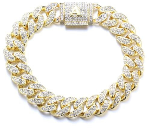 Halukakah Über 400 Diamanten 18 Karat Echtgold Vergoldet Kubanisches Gliederkettenarmband für Damen und Herren, Initiale A Blasenbuchstabenverschluss – mit Geschenkbox - Geschenkidee für Ihre Lieben