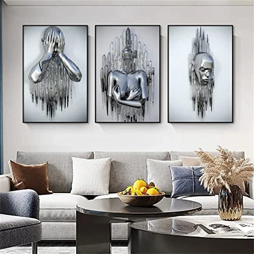 SWECOMZE 3er Kunst Modern Poster Set - 3D Metallfigur Statue Kunst Liebe Herz Kuss Bilder Wandkunst Deko - Ohne Rahmen - Wanddeko Wand Wohnzimmer Wanddekoration Deko (B,60x80cm)