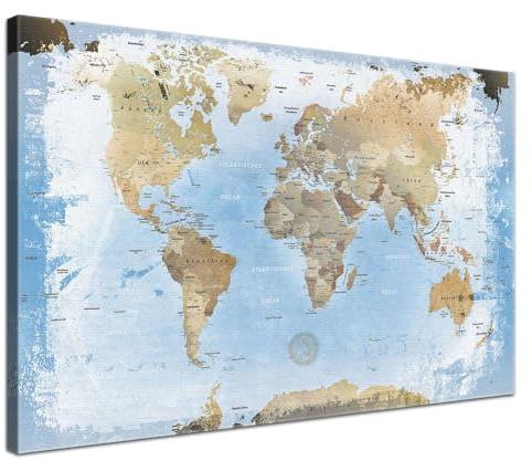 LANA KK - Premium Pinnwand Weltkarte - Ice - Deutsch - in 100 x 70 cm, stabile Rückwand zum Pinnen inkl. Starterkit - Leinwand-Kunstdruck Wandbild Landkarte XXL
