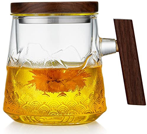 Glass Tea Cup with Infuser and Lid, 570ml/19oz Large 3-Piece Glass Tea Mug with Embossing Landscape Pattern, Big Tea Cup with Wood Handle for Loose Leaf Tea