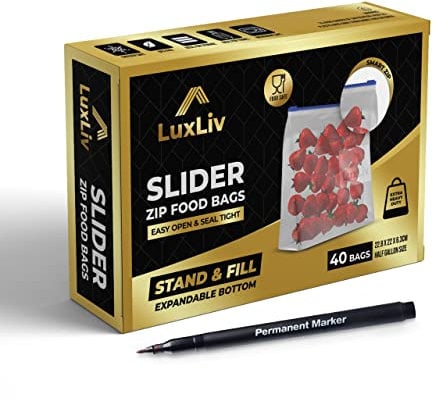 40 x LuxLiv ® Premium Food Storage Freezer Bags & Marker Pen | Heavy Duty Slider Zipper Ziplock Bags | Airtight Expandable Bottom | Stand and Fill BPA Free – Microwave Reusable
