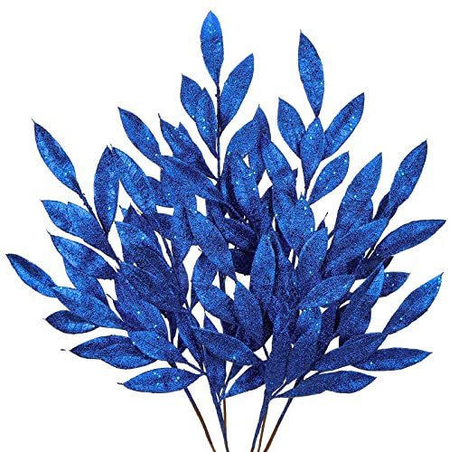 60CM Weihnachten Picks Glitzer 6 PCS, Weihnachten Deko Glitzer, Weihnachten Blätter, Glitter Weihnachtsbaum Blätter Ornament Blau mit Lange Biegbare Stiele für Weihnachtsbaum Neujahr Ornamente