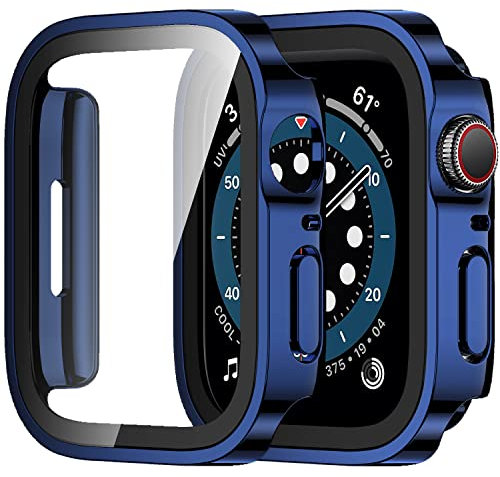 Amizee 2 Stück Hard Hülle Kompatibel mit Apple Watch Schutzhülle 40mm Series 6/5/4/SE mit Tempered Glass Displayschutz, Ultradünn Kratzfeste Schutzhülle für iWatch 40mm (Blau/Transparente)