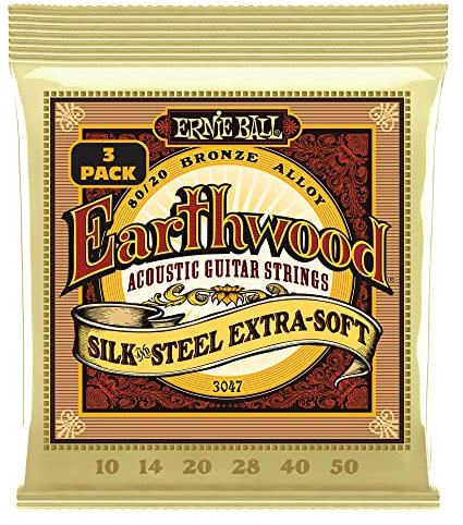 Ernie Ball Earthwood Silk and Steel Extra Soft - Cuerdas para guitarra acústica, bronce 80/20, seda y acero, 3 paquetes, calibre 10-50