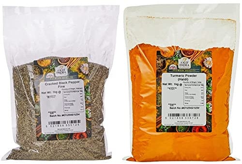 Old India Cracked Black Pepper 1 Kg & Turmeric Powder (Haldi) 1 Kg
