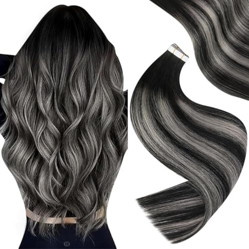 Easyouth Balayage Tape in Extensions Echthaar Ombre Extensions Echthaar Tape Off Black Mix Silber und Off Black Echthaar Extensions Tape 55 cm 50g 20pcs #1B/Silver/1B