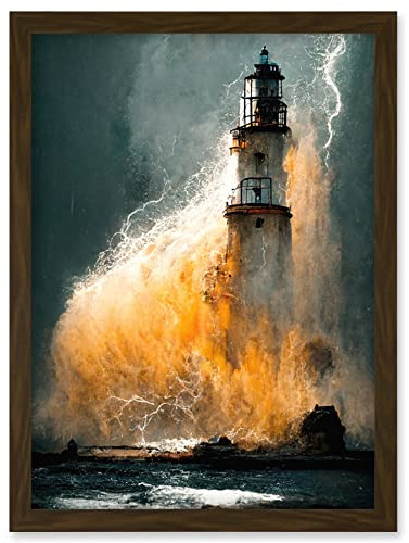 Doppelganger33 LTD Lighthouse Storm French Coastline Lightning Hurricane Artwork Framed Wall Art Print A4