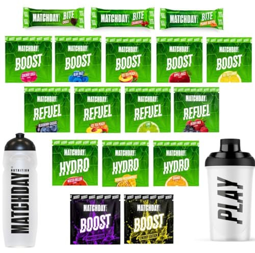 MATCHDAY NUTRITION Fußballer-Ernährung I Probierpaket I Für vor, während, nach dem Training I Mehr Leistung, schnelle Regeneration & weniger Verletzungen I Enthält Himalaya-Salz (Salt Range Pakistan)