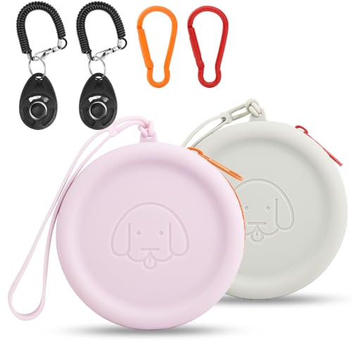 Silicone Dog Treat Pouch Small Bag,2PCS Pet Walking Bag for Dog and Cat, Pocket Size, Easy to Clean, Odorless, Zipper Design,Moisture-proof,Travel Walking Bag,Portable Training Bag. (Gray&Purple)