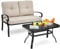 COSTWAY Outdoor Loveseat Bench, 2-Seater Garden Furniture Set with Coffee Table and Cushions, Metal Frame Patio Sofa Table Set for Balcony Backyard Lawn Poolside (Beige)
