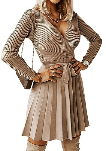Livonmone Women's Winter Jumper Dress Long Sleeve V-Neck Knitted Dress High Waist Elegant Short Dresses Khaki M