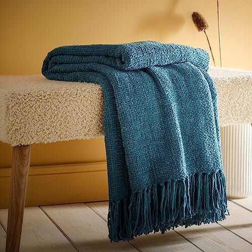 Appletree Teal Chenille Throw – 130 x 180cm – Textured Knit Blanket with Tassels – Teal Blue Sofa Throw – Woven Home Furnishing Accessory – Soft Decorative Blanket