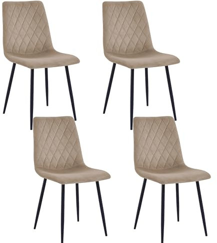 Esszimmerstühle 4er Set Beige – Samt Gepolstert mit Rautensteppung – Metallbeine Schwarz – Inkl. Handwischmopp Geschenk – Modern & Bequem für Küche & Wohnzimmer