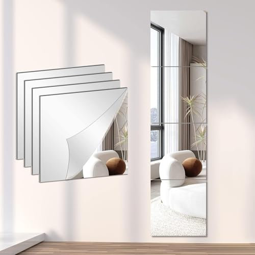 Ruucy Wall Self Adhesive Tiles 4Pcs, 30cm x 30cm Thick Acrylic Mirror Tiles, HD Stick on Mirrors for Walls, Non Glass Mirror Full Length for Bathroom Door Bedroom Gym Home Wall Decor