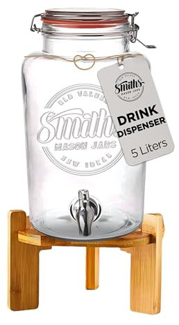 Glass Drink Dispenser with Tap – 5L Mason Jar Beverage Container with Stainless Steel Spigot – Water Dispenser with Tap for Juice, Iced Tea, Cocktail, Picnic, BBQ, Parties, Counter