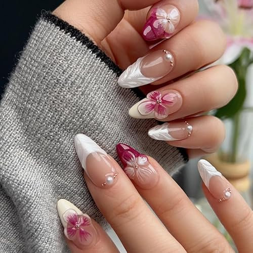 Press on nails-BBA14,MouyouGlow Press on Nails Kurz,Almond Nude Weiß French 3D Hibiskus Blumen Water Rib Perle Sweet Coquette Fake Nails mit Nagelkleber,Magenta Flowers Künstliche Fingernägel
