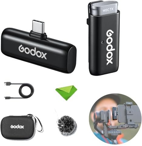 Godox WES2 Kit1 Microphones sans fil 2,4 GHz, autonomie de la batterie 8H, micro sans fil 2,4 G, portée 200 m (656 pieds), contrôle APP pour smartphone pour TikTo (kit monocanal version USB-C)