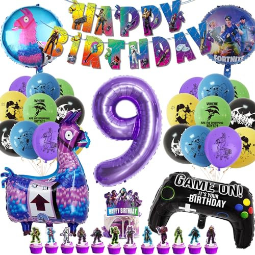 YHBXAMZ Luftballon 9. Geburtstag Junge Set, Fortnit Deko Geburtstag 9 Jahre Junge, Geburtstagsdeko 9 Jahre Junge mit Tortendeko, Gamer Geburtstagsdeko Junge Lila Luftballon für Gamer Deko Party Deko