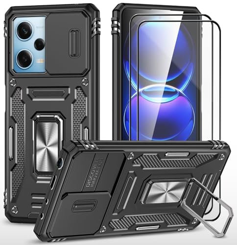 CLYDITE para Funda Redmi Note 12 Pro 5G/Poco X5 Pro 5G Carcasa Silicona Negro con Cristal Templado [2 Piezas] Cubierta de cámara Deslizante TPU 360 Grados Anillo Giratorio Soporte Coche
