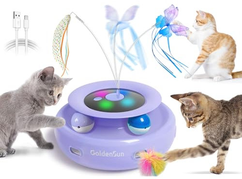 GoldenSun 3 in 1 Interaktives Katzenspielzeug, Elektrisch Automatischer Spielzeug für Katzen, Whack-A-Mole, Fluttering Butterfly, inklusive Ball, USB Wiederaufladbar Katzen Teaser mit 6 Aufsätzen