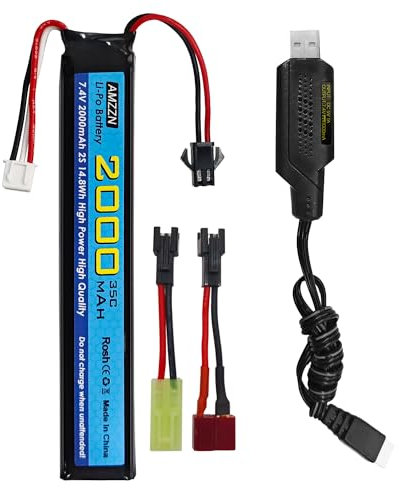 AMZZN 7.4V 35C 2000mAh Li-ion Battery with SM-2P Plug T-Plug Odamiya Plug With USB for SRB1200 SRB400 SRB400-SUB MP5K M4 M110 Toy Gun Air Gun Gel Water Droplet Explosion RC Drone
