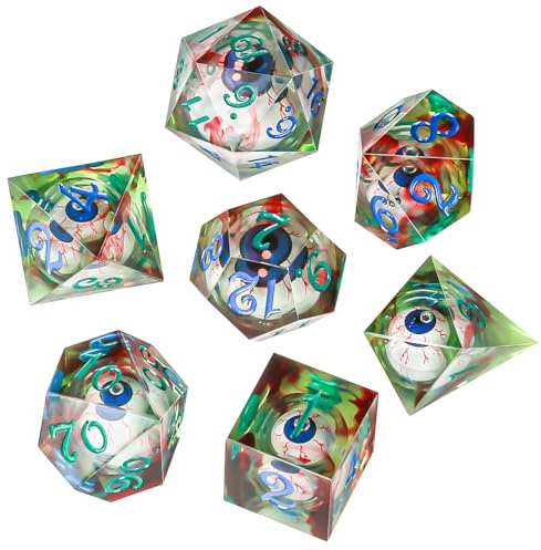 Evil Eye Dices OriCraft Bewegliche Augen, DND-Würfel-Set mit beweglichem Auge im Inneren von Dungeons and Dragons, polyedrisches Rollenspiel, Spielwürfel, D20, 7er-Set, Halloween-Würfel, Grün