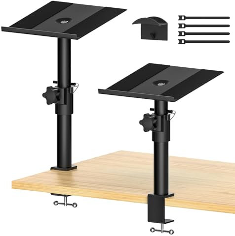 Desktop Clamp Speaker Stands Pair of Studio Monitor Stands with Height & Angle Adjustable Bookshelf Desk Speaker Stands - Heavy Duty Studio Monitor Speaker Stand Clamp-on Desk