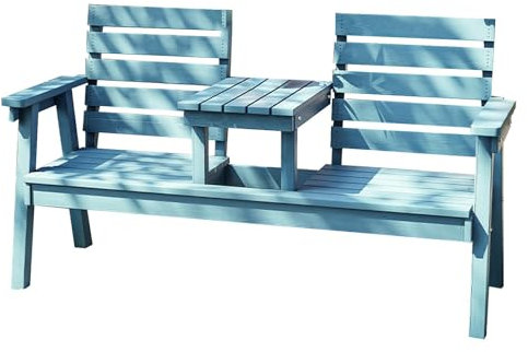 LMXRYPD Banco Jardin Doble con Mesa Auxiliar, Banco Jardin Exterior con Respaldo y Reposabrazos, Puede Perforar un Agujero para Sombrilla, para Patio(Blue)
