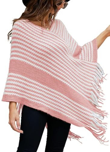 NLAND Poncho Cape Femme à Franges Chic et Elegant Tricoté Chaud Pull Poncho Chale en Polaire à Rayures pour l' Automne Hiver(Rose)