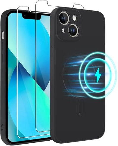 Votvloay Cover Magnetica per Apple iPhone 13 6,1 Custodia e 2 Pellicole in Vetro Temperato,Compatibile con MagSafe,Morbido Silicone Liquido Protettiva Case Cover per iPhone 13,Nero
