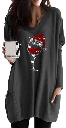 EFOFEI Damen Lässiges Weihnachtskleid Basic Lose Mini Kleid Langen Ärmeln Weihnachtspullover Muster Sweatshirt Weinglas Dunkelgrau XXL
